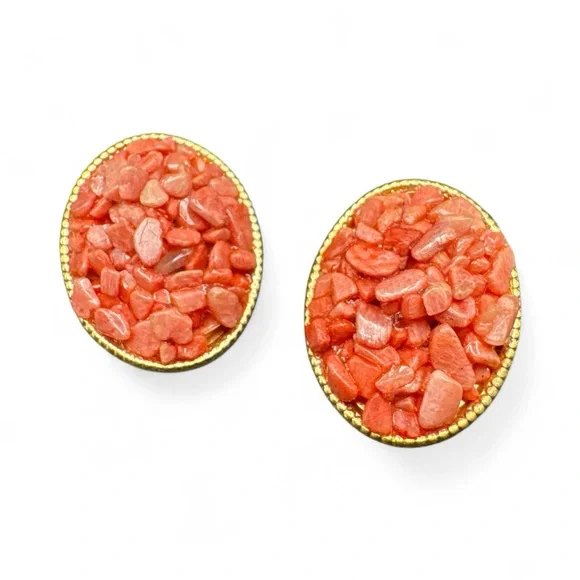 Vintage Art Deco Gold Plated Coral Clip Earrings 1.25” - Picture 1 of 4
